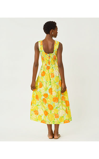 DAISEY SMOCKED MIDI DRESS, ISLAND PALM OVERSIZED ZESTY