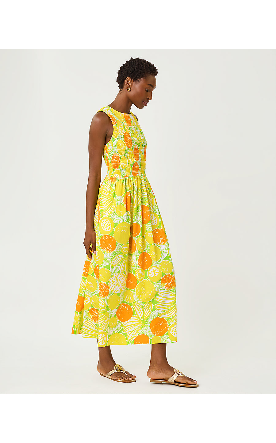 DAISEY SMOCKED MIDI DRESS, ISLAND PALM OVERSIZED ZESTY