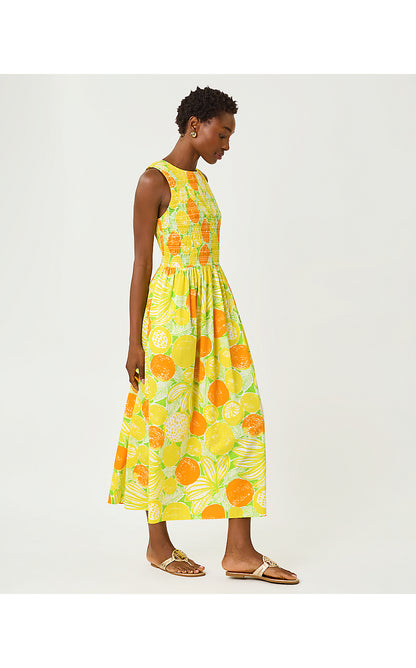 DAISEY SMOCKED MIDI DRESS, ISLAND PALM OVERSIZED ZESTY