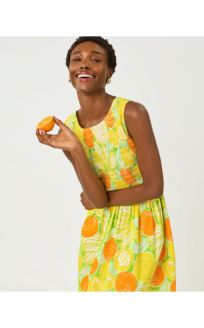 DAISEY SMOCKED MIDI DRESS, ISLAND PALM OVERSIZED ZESTY