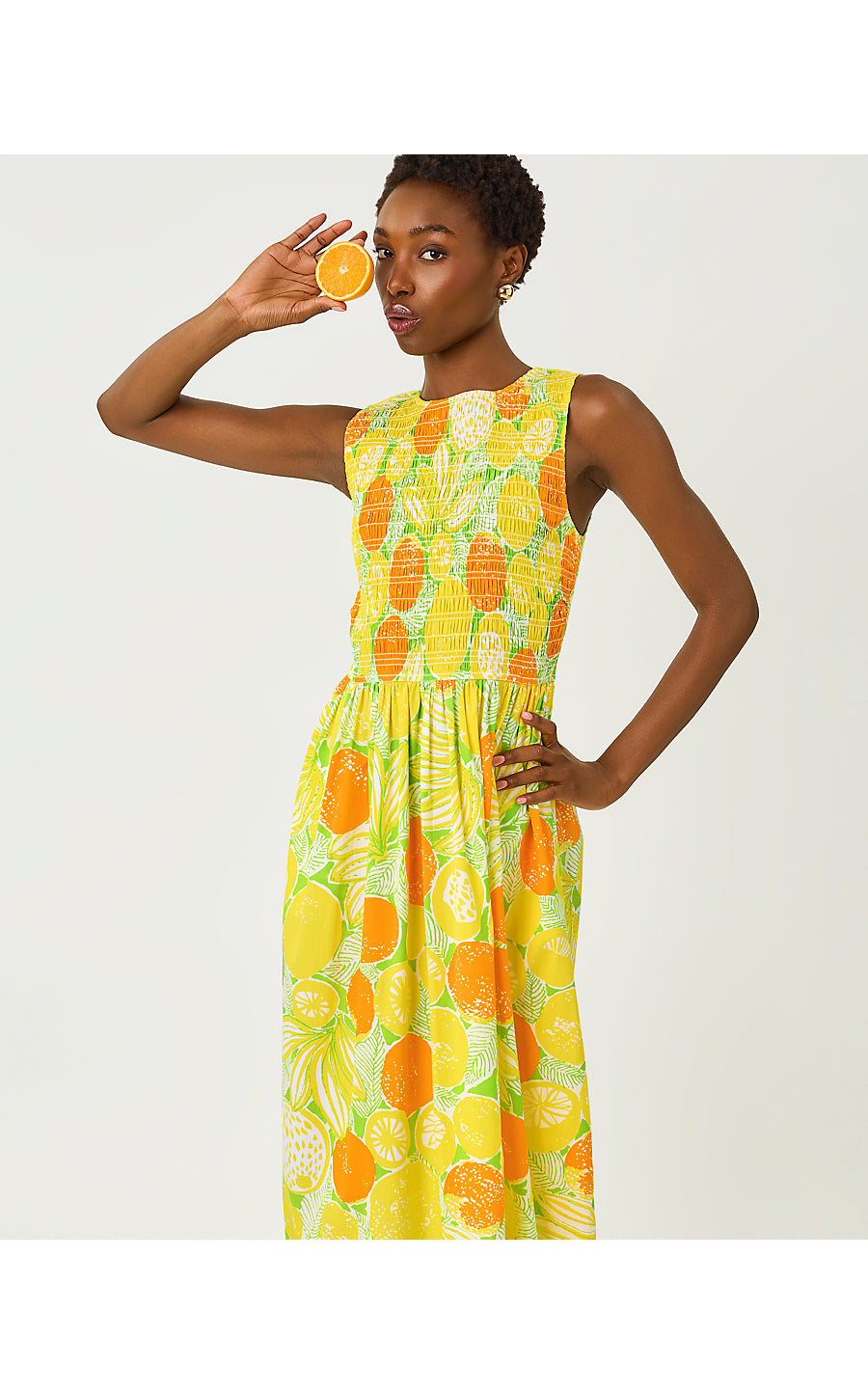 DAISEY SMOCKED MIDI DRESS, ISLAND PALM OVERSIZED ZESTY