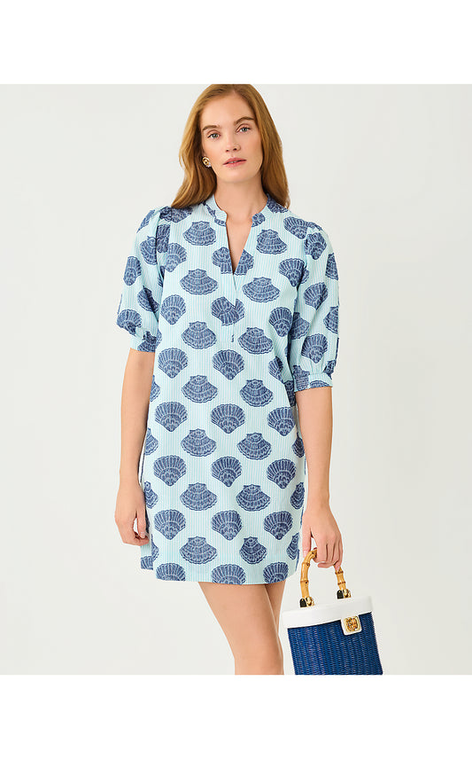 MIALEIGH ELBOW SLEEVE DRESS, DAY DREAM BLUE SEASHELL JACQUARD YARN DYED STRIPE