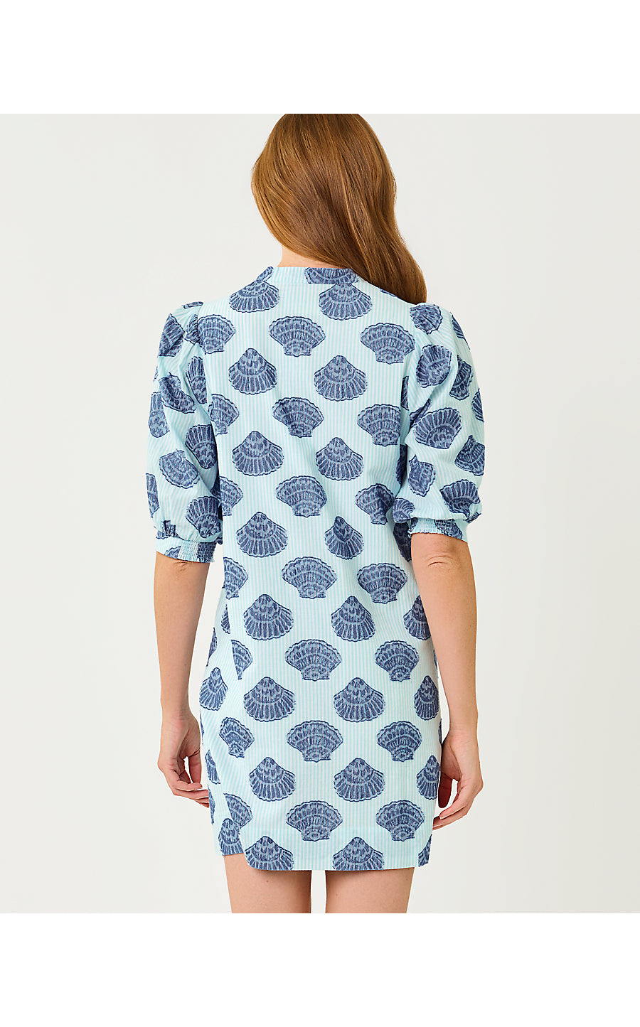 MIALEIGH ELBOW SLEEVE DRESS, DAY DREAM BLUE SEASHELL JACQUARD YARN DYED STRIPE