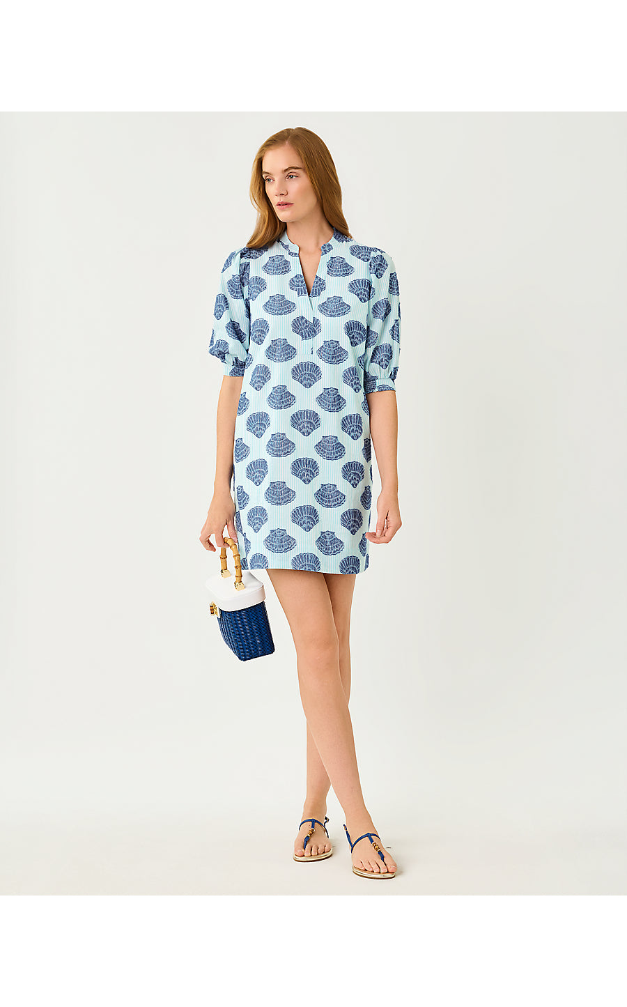 MIALEIGH ELBOW SLEEVE DRESS, DAY DREAM BLUE SEASHELL JACQUARD YARN DYED STRIPE