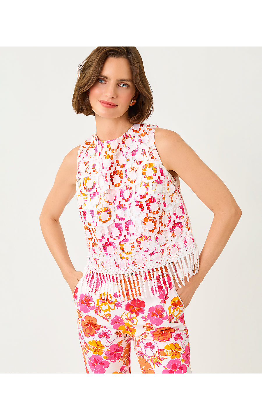 ANNALEESE SLEEVELESS CROPPED TOP, RESORT WHITE PANSY FANSY
