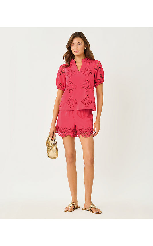 KILAH EYELET SHORT, PARADISE PUNCH MEDALLION PETALS SCALLOP EDGE CAMBRIC