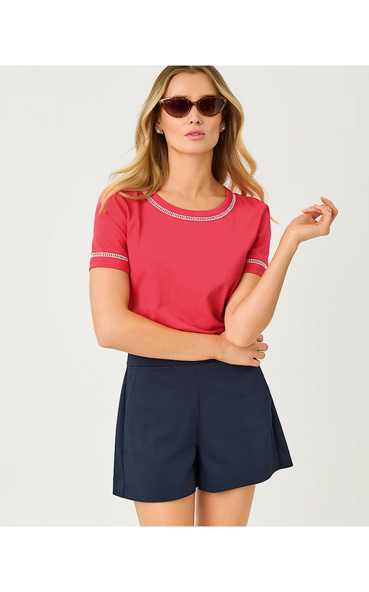 CLAIRMONT LADDER LACE KNIT TOP, PARADISE PUNCH