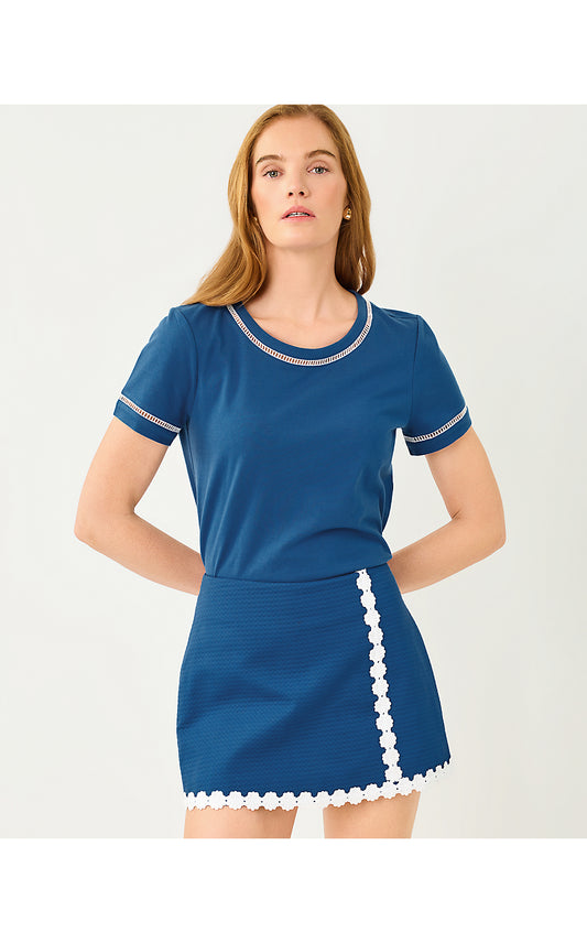 CLAIRMONT LADDER LACE KNIT TOP, STARLIGHT NAVY