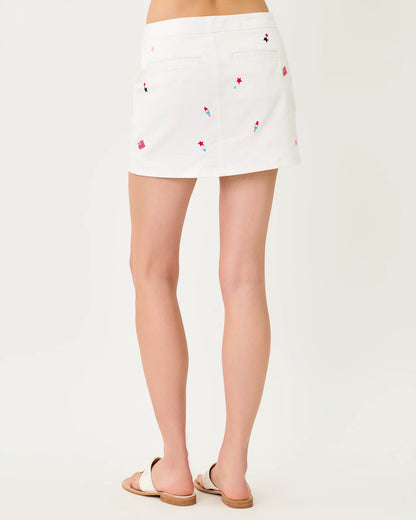 COLETTE DENIM SKORT, RESORT WHITE ITS A 250TH CELEBRATION EMBROIDERY
