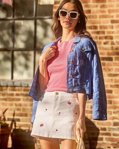 COLETTE DENIM SKORT, RESORT WHITE ITS A 250TH CELEBRATION EMBROIDERY