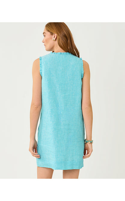 KAVALLA LINEN DRESS, CAPRI BLUE X RESORT WHITE