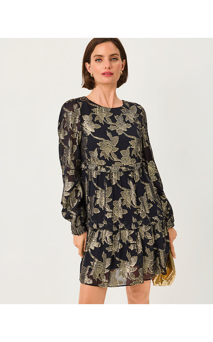 CECILE DRESS, NOIR FALLING FLORAL VISCOSE METALLIC CLIP