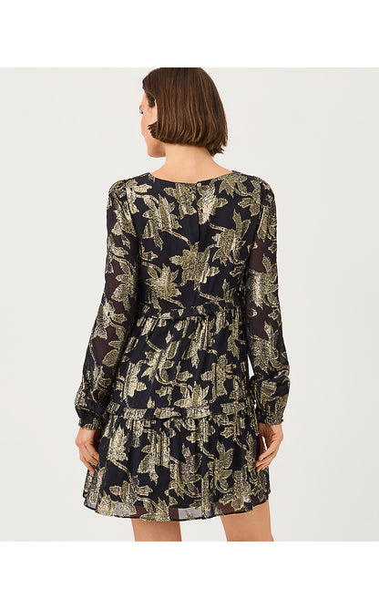 CECILE DRESS, NOIR FALLING FLORAL VISCOSE METALLIC CLIP