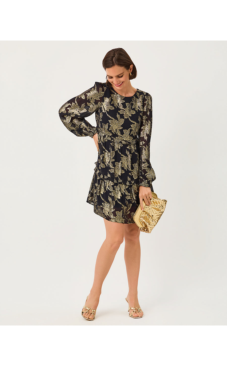 CECILE DRESS, NOIR FALLING FLORAL VISCOSE METALLIC CLIP