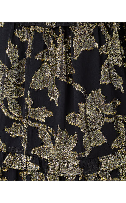 CECILE DRESS, NOIR FALLING FLORAL VISCOSE METALLIC CLIP