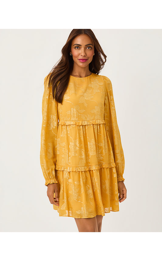 CECILE DRESS, TOPAZ YELLOW FALLING FLORAL VISCOSE METALLIC CLIP