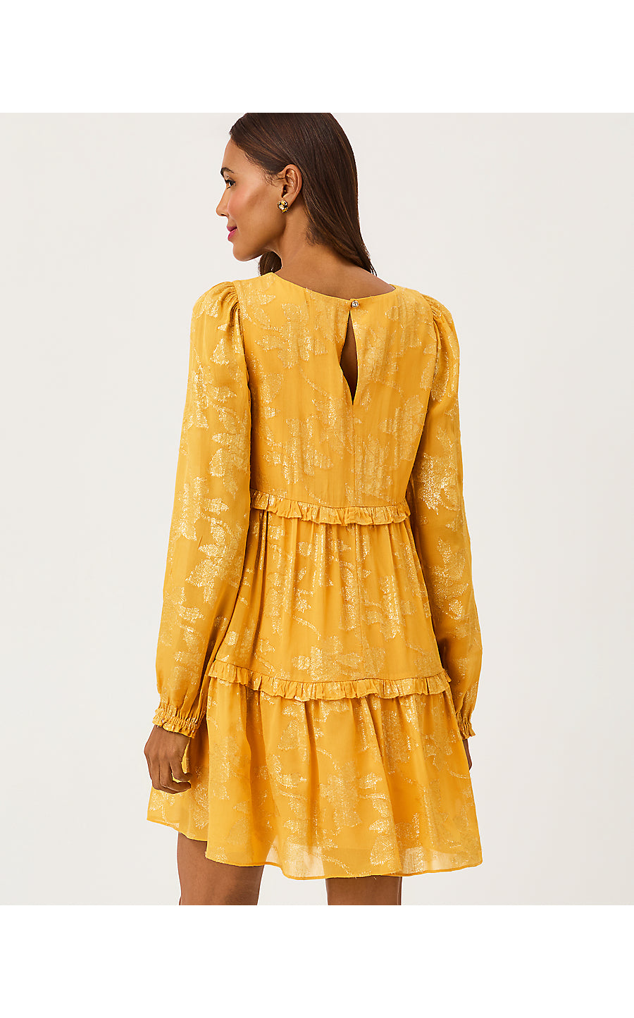 CECILE DRESS, TOPAZ YELLOW FALLING FLORAL VISCOSE METALLIC CLIP
