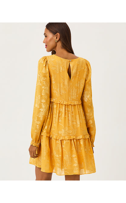 CECILE DRESS, TOPAZ YELLOW FALLING FLORAL VISCOSE METALLIC CLIP
