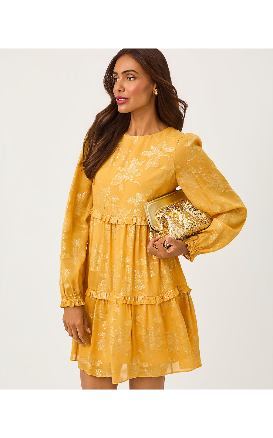 CECILE DRESS, TOPAZ YELLOW FALLING FLORAL VISCOSE METALLIC CLIP