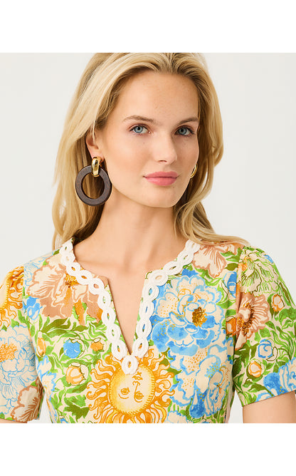 MINERVA SHORT SLEEVE STRETCH DRESS, RUTABAGA SYMPEONY