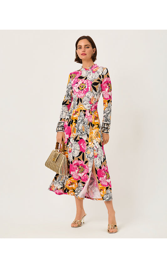 GREER MIDI DRESS UPF 50+, ICED LATTE PEONY PERFECTION ENGINEERED KNIT MIDI