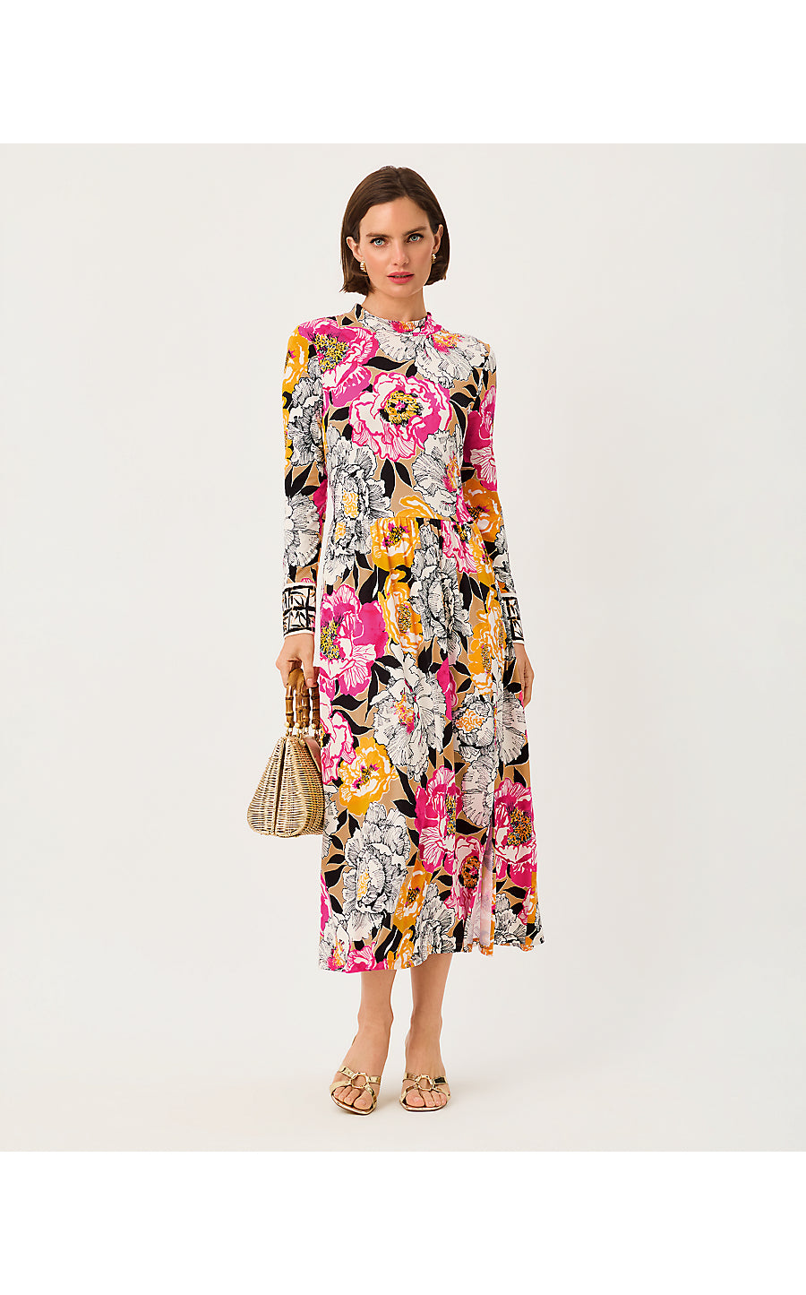 GREER MIDI DRESS UPF 50+, ICED LATTE PEONY PERFECTION ENGINEERED KNIT MIDI