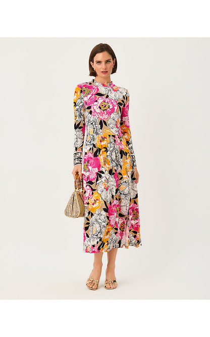 GREER MIDI DRESS UPF 50+, ICED LATTE PEONY PERFECTION ENGINEERED KNIT MIDI