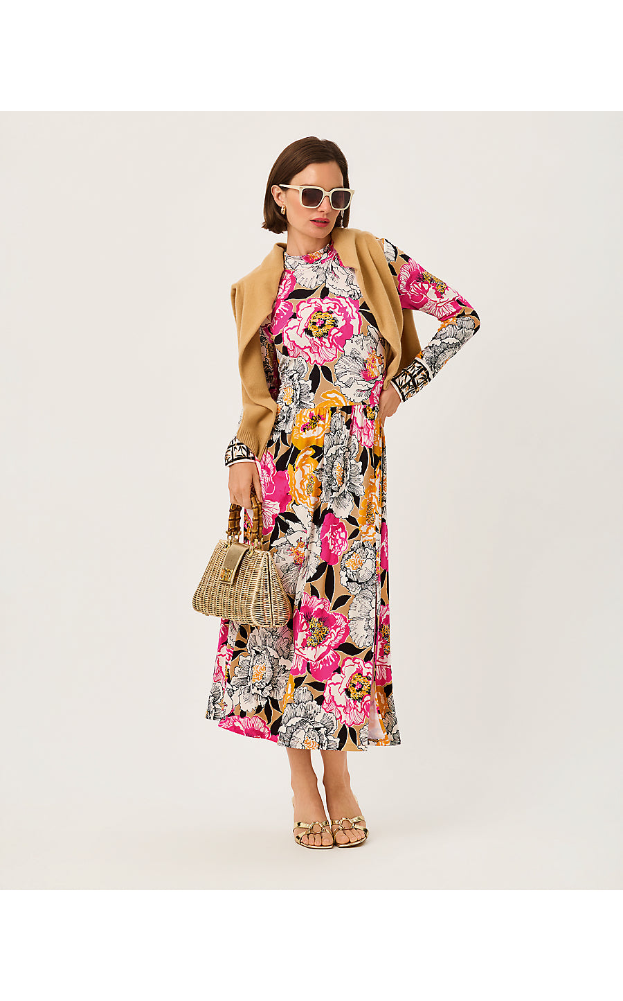GREER MIDI DRESS UPF 50+, ICED LATTE PEONY PERFECTION ENGINEERED KNIT MIDI
