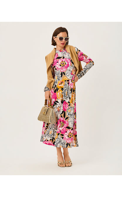 GREER MIDI DRESS UPF 50+, ICED LATTE PEONY PERFECTION ENGINEERED KNIT MIDI