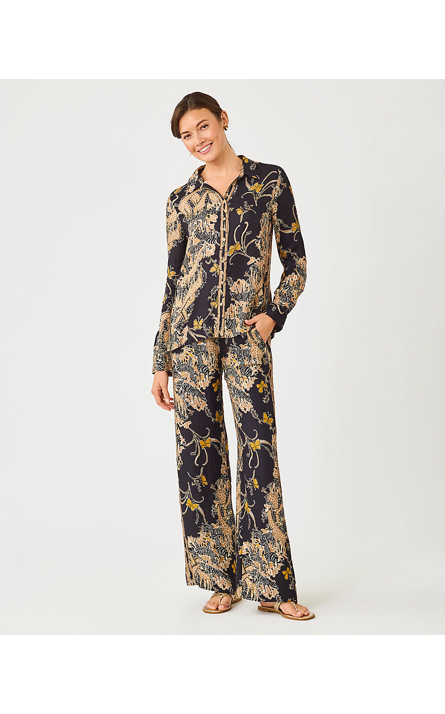 VIANNA HIGH RISE PALAZZO PANT, ONYX STRIPED SAFARI ENGINEERED PANT