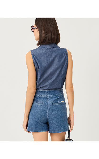 FENLY SLEEVELESS TOP, INDIGO CHAMBRAY