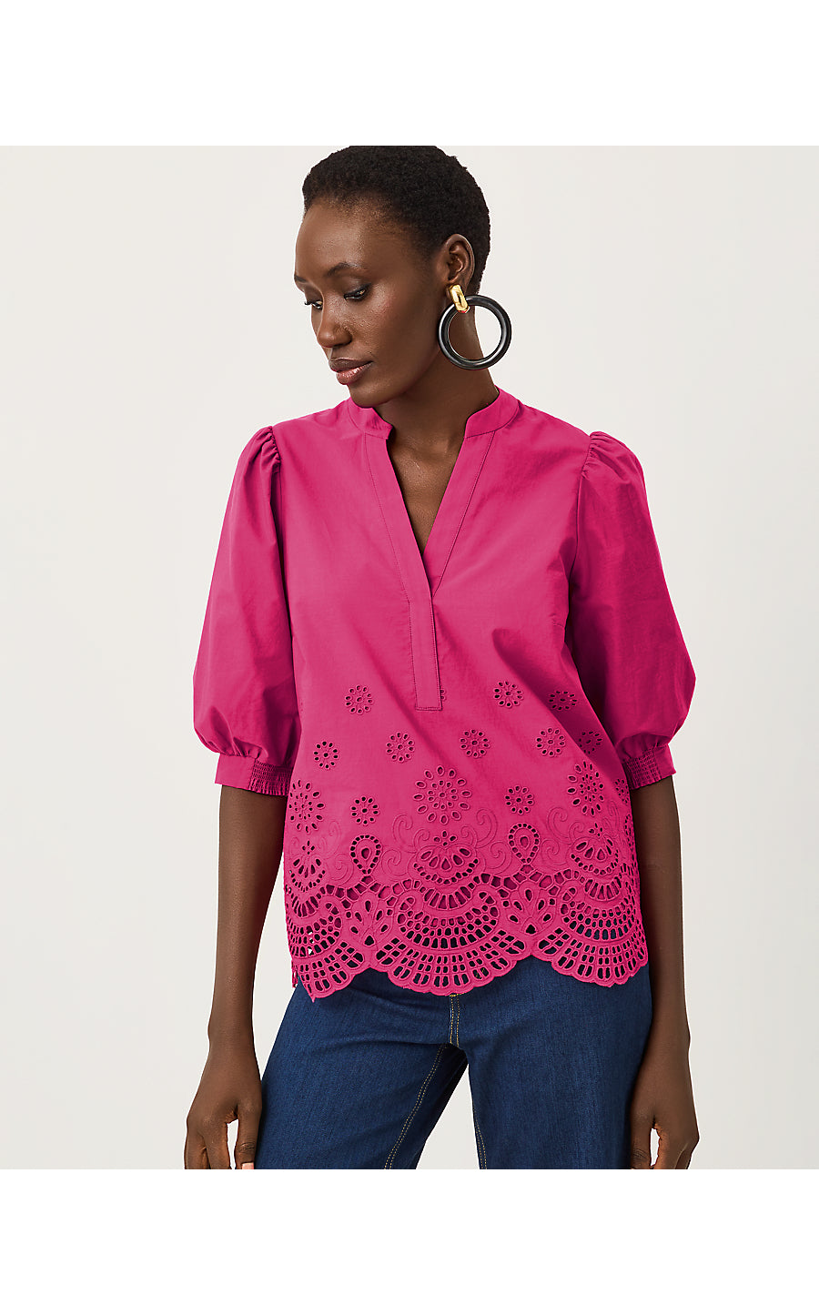 MIALEIGH TOP, BERRY BOUQUET SCALLOPED EYELET BORDER POPLIN