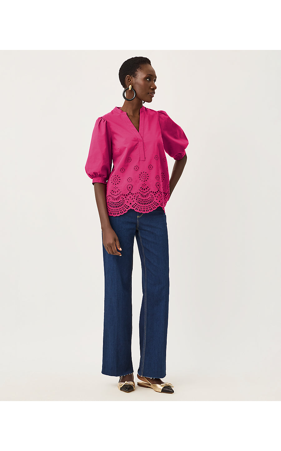 MIALEIGH TOP, BERRY BOUQUET SCALLOPED EYELET BORDER POPLIN