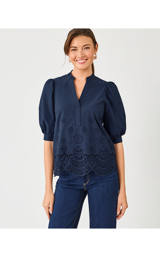 MIALEIGH TOP, LOW TIDE NAVY SCALLOPED EYELET BORDER POPLIN