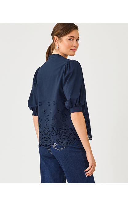 MIALEIGH TOP, LOW TIDE NAVY SCALLOPED EYELET BORDER POPLIN