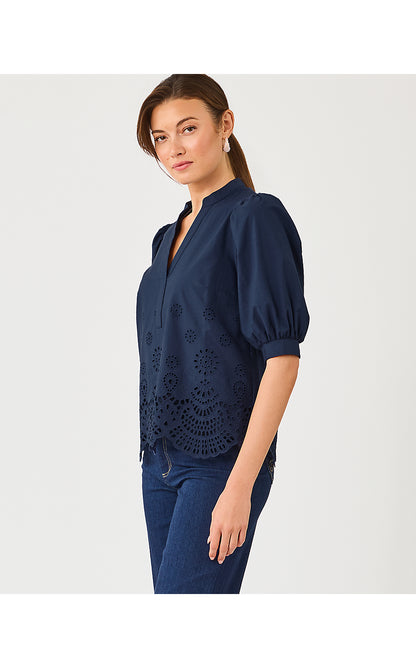 MIALEIGH TOP, LOW TIDE NAVY SCALLOPED EYELET BORDER POPLIN