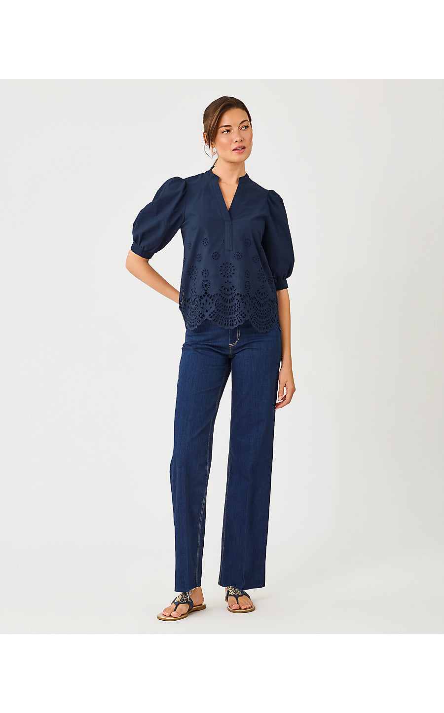 MIALEIGH TOP, LOW TIDE NAVY SCALLOPED EYELET BORDER POPLIN