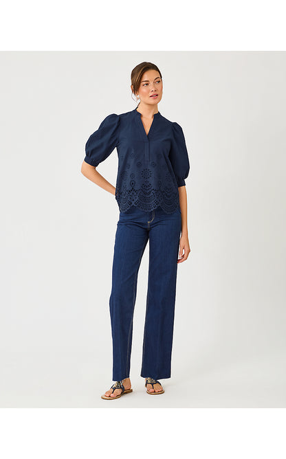 MIALEIGH TOP, LOW TIDE NAVY SCALLOPED EYELET BORDER POPLIN