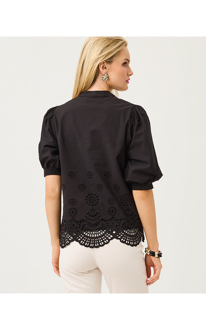 MIALEIGH TOP, NOIR SCALLOPED EYELET BORDER POPLIN