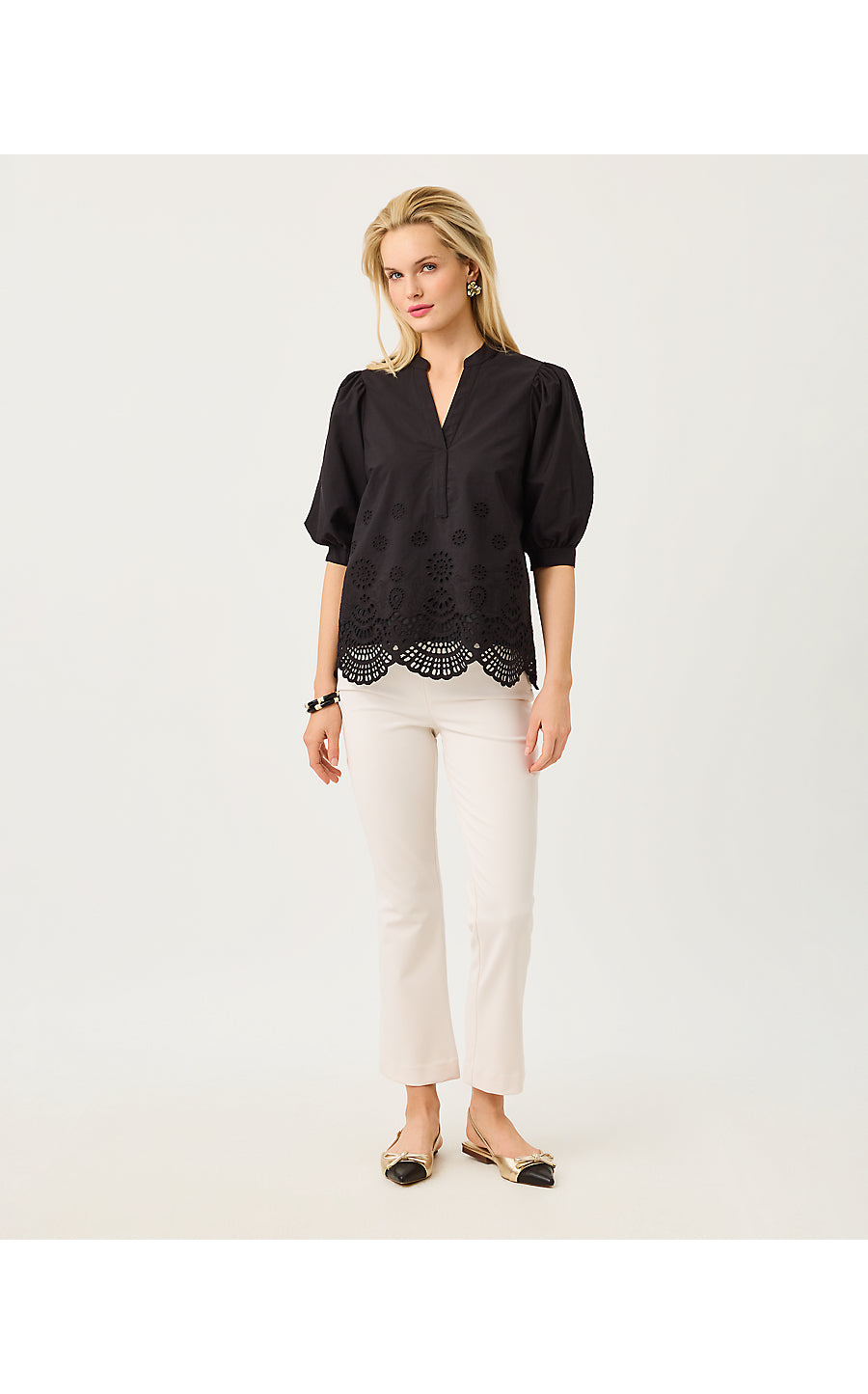 MIALEIGH TOP, NOIR SCALLOPED EYELET BORDER POPLIN