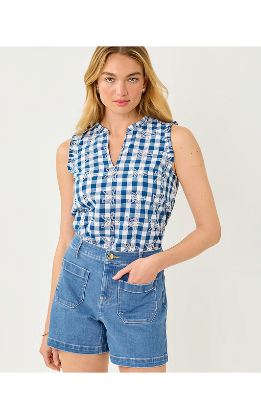 KAVALLA SLEEVELESS RUFFLE TOP, STARLIGHT NAVY STARFISHING EMBROIDERED GINGHAM