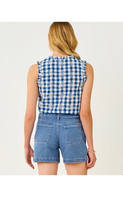 KAVALLA SLEEVELESS RUFFLE TOP, STARLIGHT NAVY STARFISHING EMBROIDERED GINGHAM