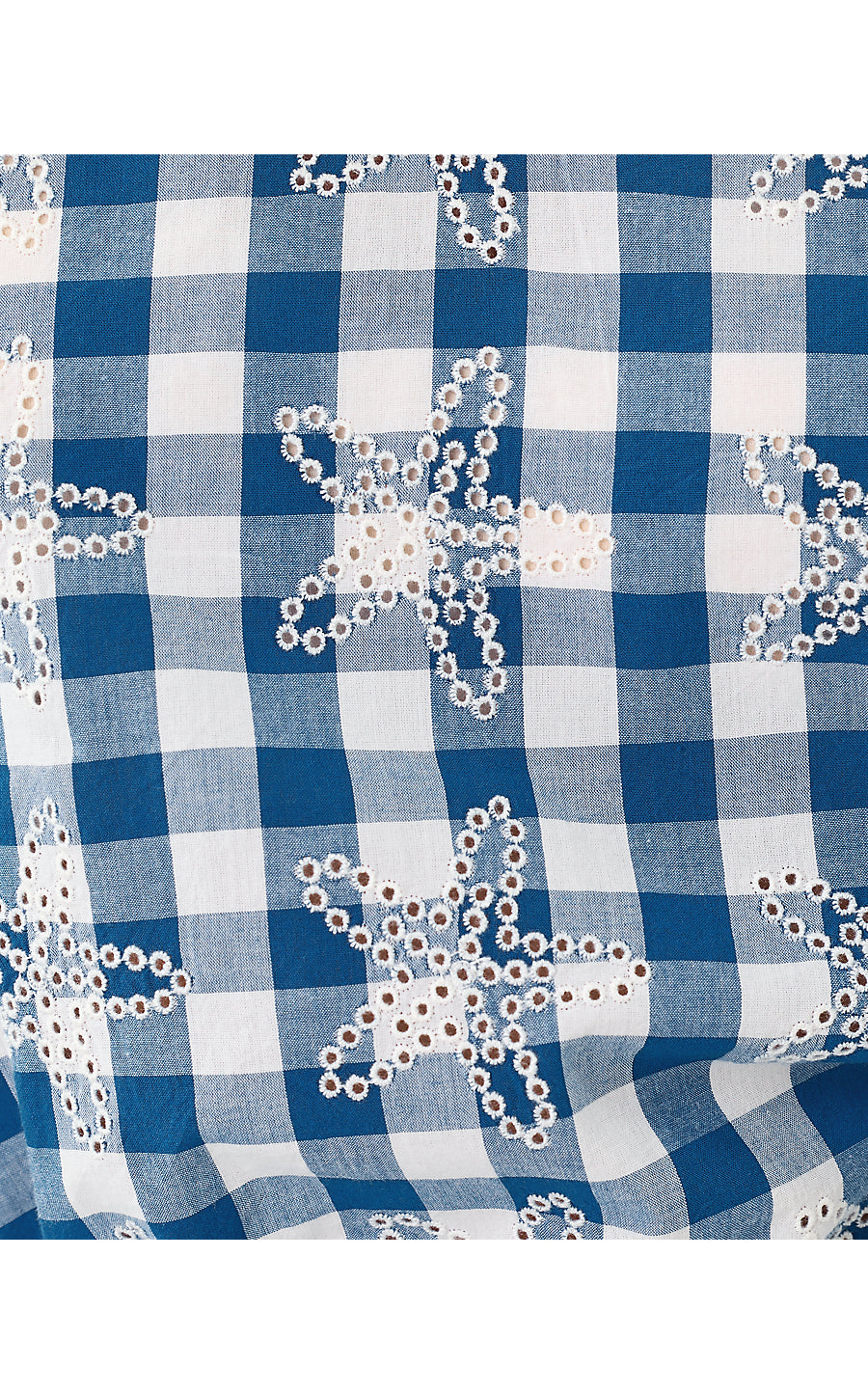 KAVALLA SLEEVELESS RUFFLE TOP, STARLIGHT NAVY STARFISHING EMBROIDERED GINGHAM