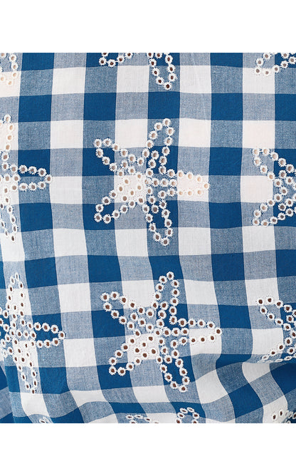 KAVALLA SLEEVELESS RUFFLE TOP, STARLIGHT NAVY STARFISHING EMBROIDERED GINGHAM