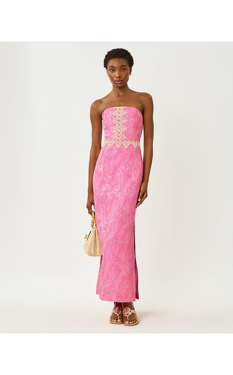 KRISTELLA MAXI DRESS, CONCH SHELL PINK GLITTER CRINKLE BROCADE