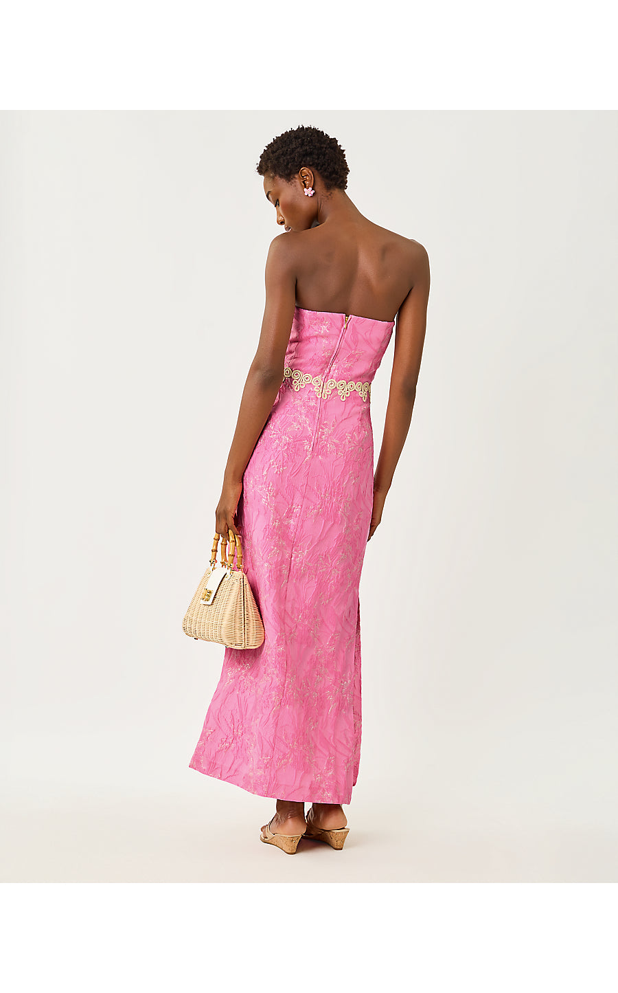 KRISTELLA MAXI DRESS, CONCH SHELL PINK GLITTER CRINKLE BROCADE
