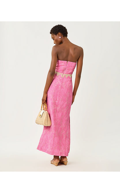 KRISTELLA MAXI DRESS, CONCH SHELL PINK GLITTER CRINKLE BROCADE