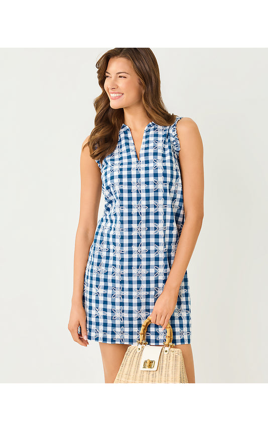 KAVALLA DRESS, STARLIGHT NAVY STARFISHING EMBROIDERED GINGHAM