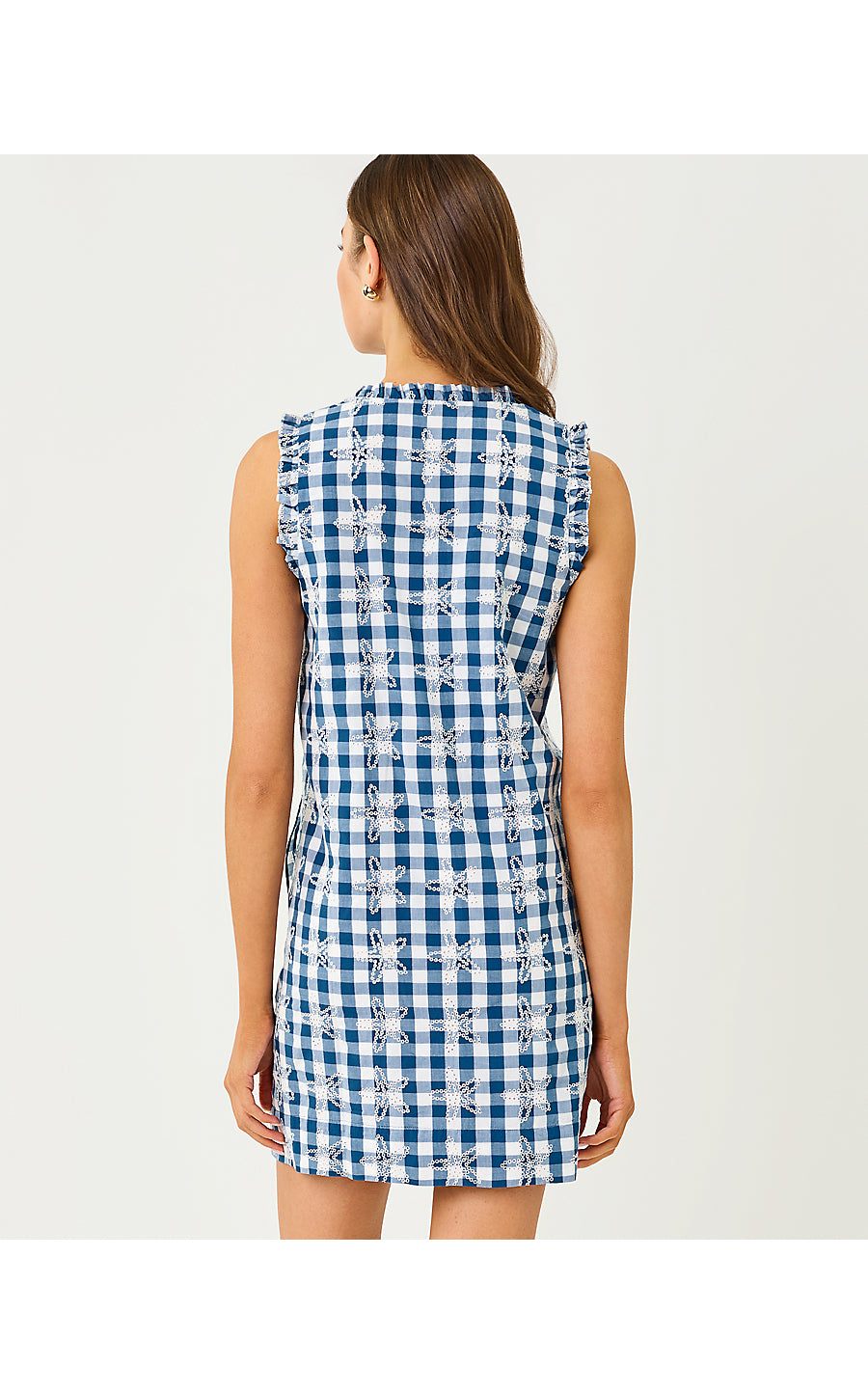 KAVALLA DRESS, STARLIGHT NAVY STARFISHING EMBROIDERED GINGHAM