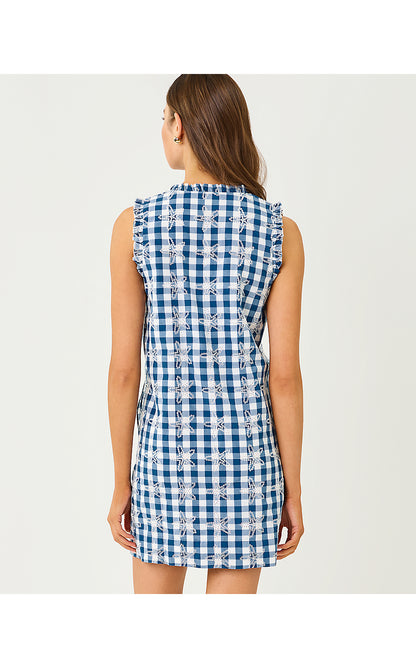 KAVALLA DRESS, STARLIGHT NAVY STARFISHING EMBROIDERED GINGHAM